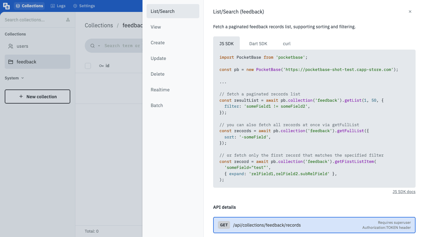 PocketBase – Screenshot 3 von 3